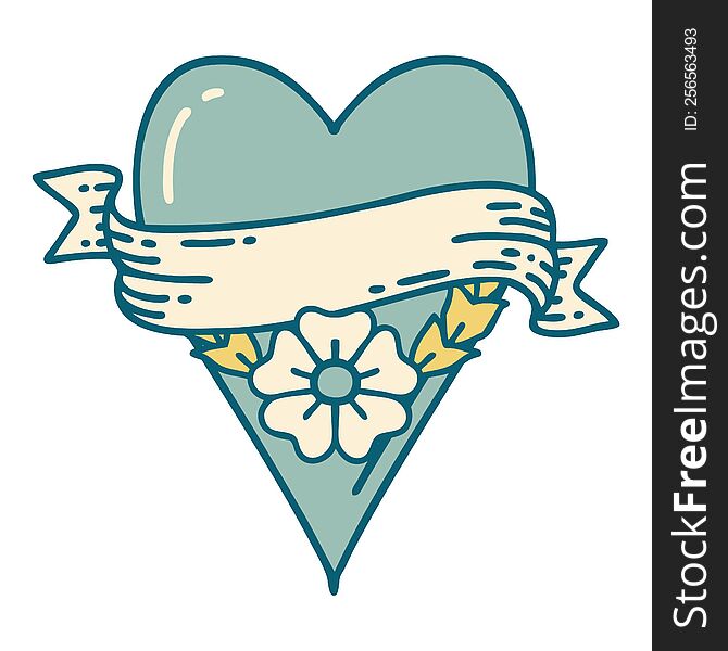 Tattoo Style Icon Of A Heart Flower And Banner