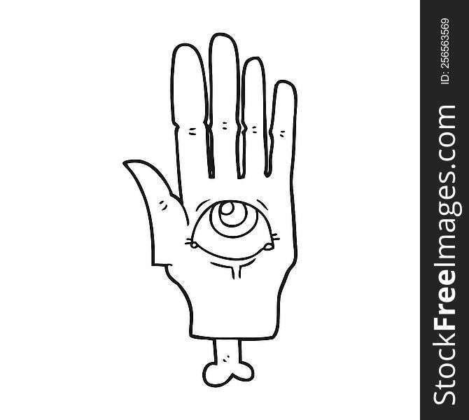 freehand drawn black and white cartoon spooky eye hand