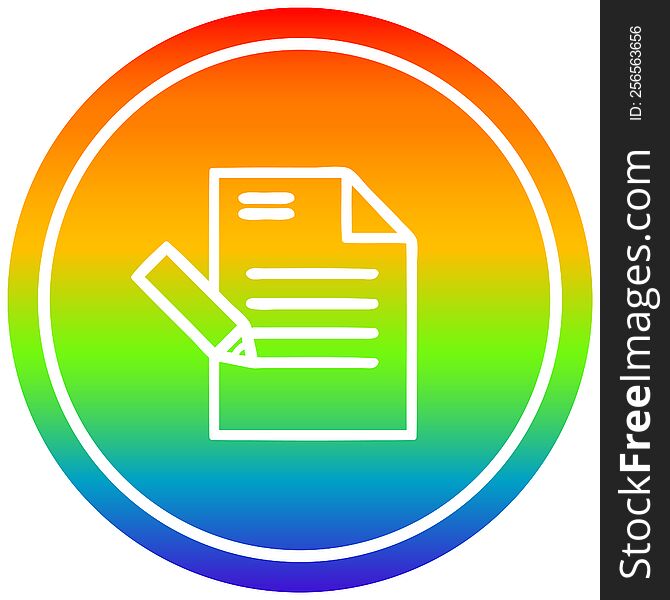 writing document circular icon with rainbow gradient finish. writing document circular icon with rainbow gradient finish