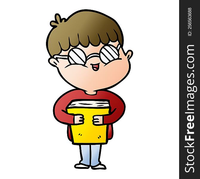 cartoon boy wearing spectacles carrying book. cartoon boy wearing spectacles carrying book