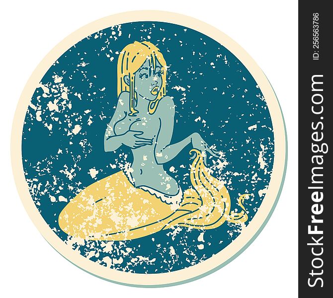 Distressed Sticker Tattoo Style Icon Of A Surprised Mermaid