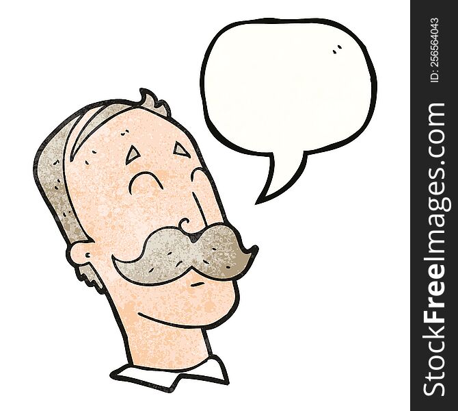 freehand speech bubble textured cartoon ageing man with mustache