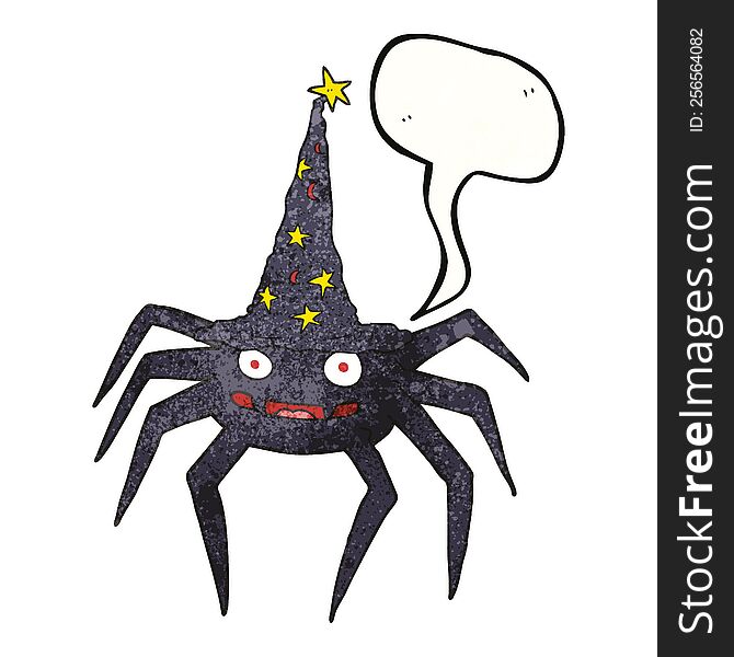 freehand speech bubble textured cartoon halloween spider in witch hat