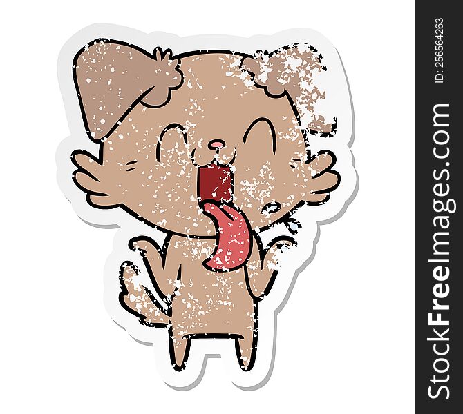 Distressed Sticker Of A Cartoon Panting Dog Shrugging Shoulders