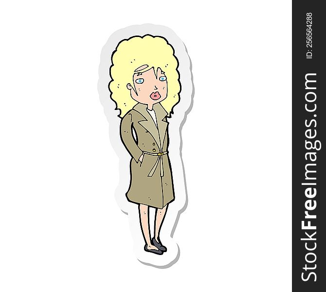 sticker of a cartoon woman in trench coat