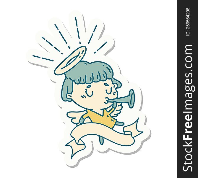 sticker of a tattoo style angel blowing trumpet