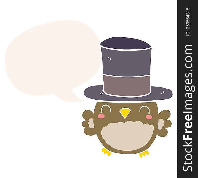 cartoon owl wearing top hat with speech bubble in retro style