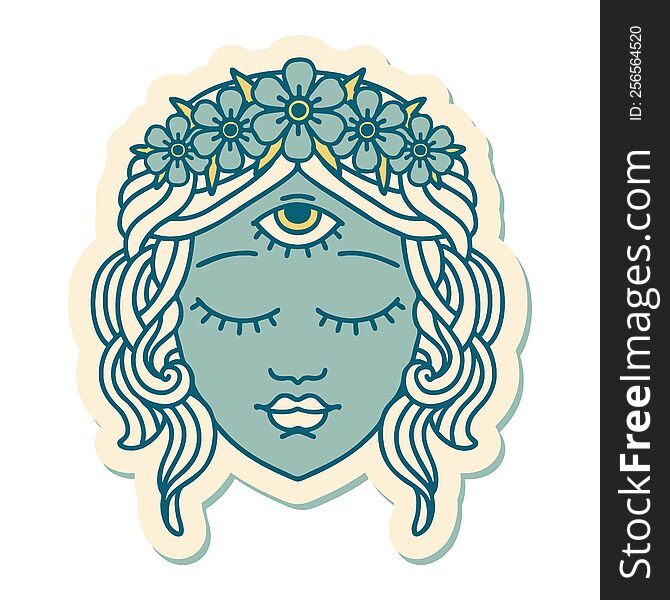 sticker of tattoo in traditional style of female face with third eye and crown of flowers. sticker of tattoo in traditional style of female face with third eye and crown of flowers