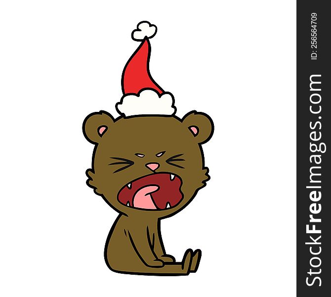 angry hand drawn line drawing of a bear wearing santa hat. angry hand drawn line drawing of a bear wearing santa hat