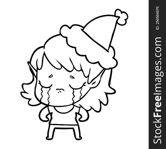 Line Drawing Of A Crying Elf Girl Wearing Santa Hat