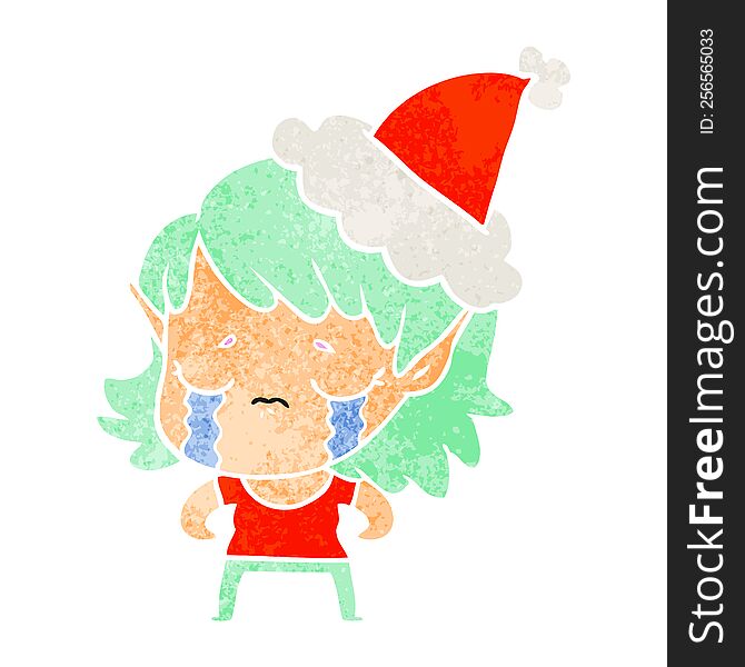 hand drawn retro cartoon of a crying elf girl wearing santa hat