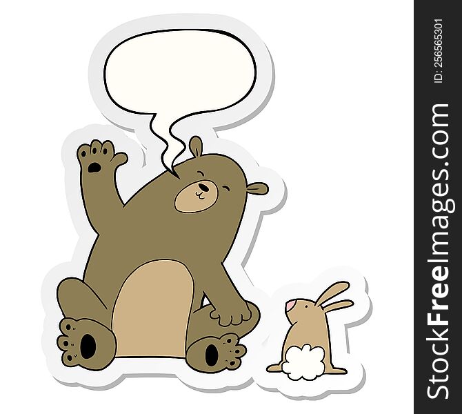 Cartoon Bear And Rabbit Friends And Speech Bubble Sticker