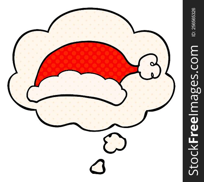 cartoon christmas hat with thought bubble in comic book style