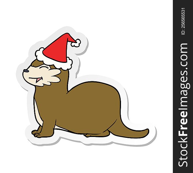 laughing otter hand drawn sticker cartoon of a wearing santa hat. laughing otter hand drawn sticker cartoon of a wearing santa hat
