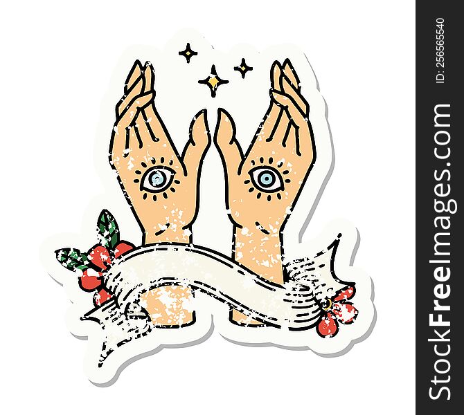 Grunge Sticker With Banner Of Mystic Hands