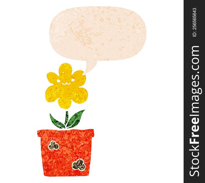 Cartoon House Plant And Speech Bubble In Retro Textured Style