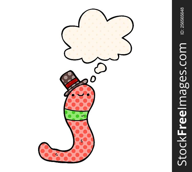 cute cartoon worm with thought bubble in comic book style