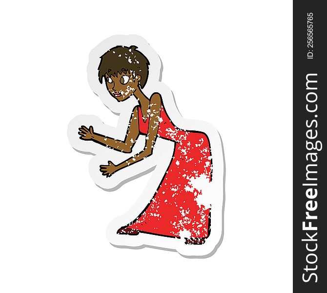 retro distressed sticker of a cartoon woman in dress gesturing