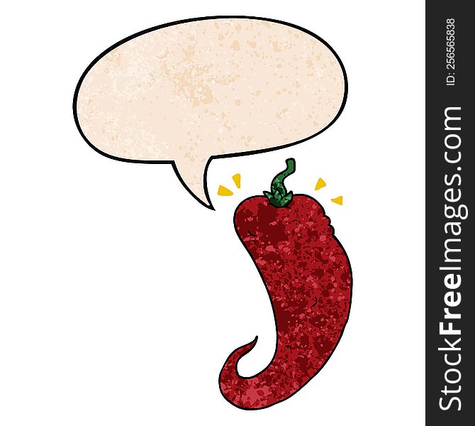 cartoon chili pepper with speech bubble in retro texture style