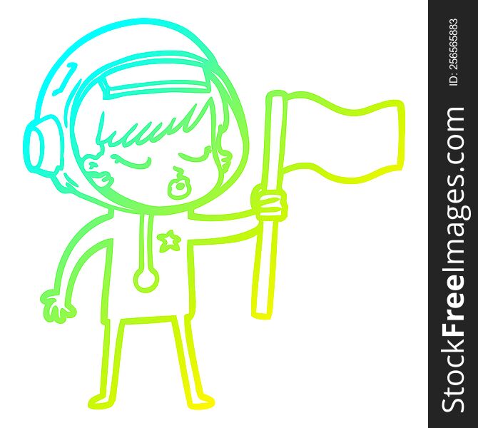 cold gradient line drawing of a cartoon pretty astronaut girl planting flag