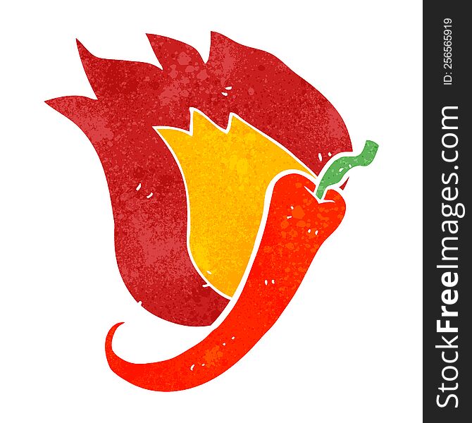 freehand retro cartoon flaming hot chili pepper