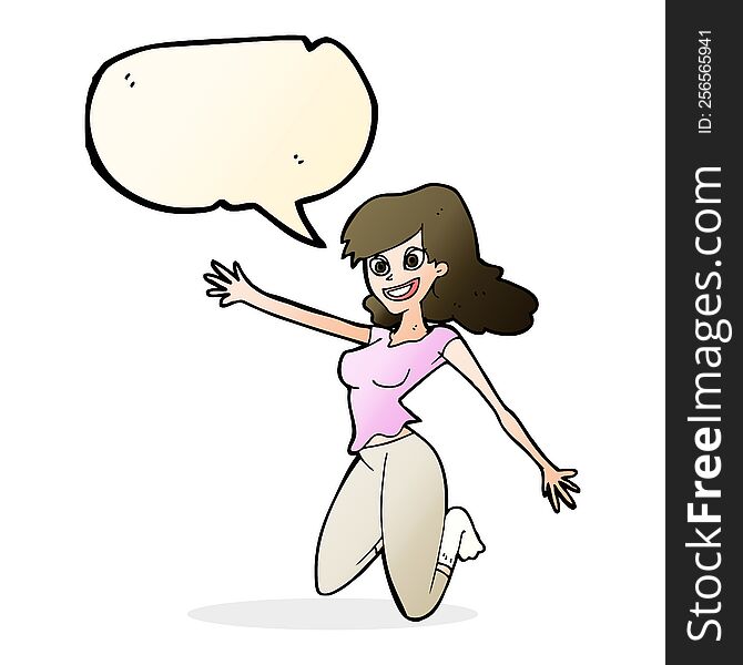 cartoon jumping woman with speech bubble