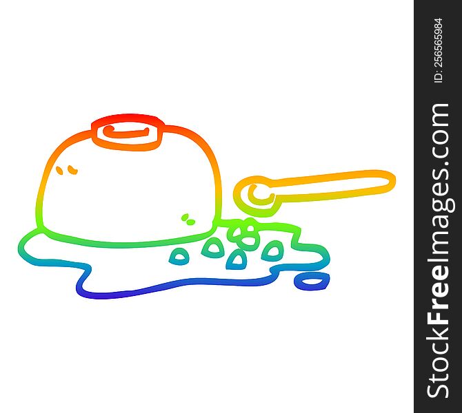 rainbow gradient line drawing of a cartoon spilt cereal bowl