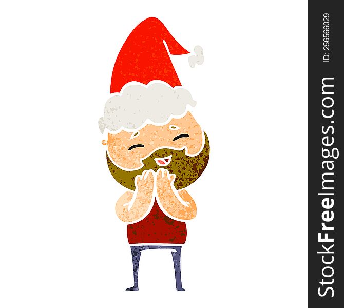 Retro Cartoon Of A Happy Bearded Man Wearing Santa Hat