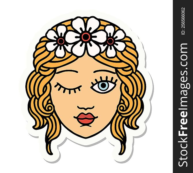 sticker of tattoo in traditional style of a maidens face winking. sticker of tattoo in traditional style of a maidens face winking
