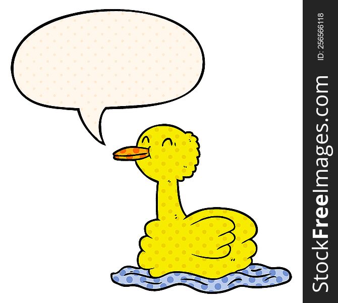 cartoon swimming duck with speech bubble in comic book style