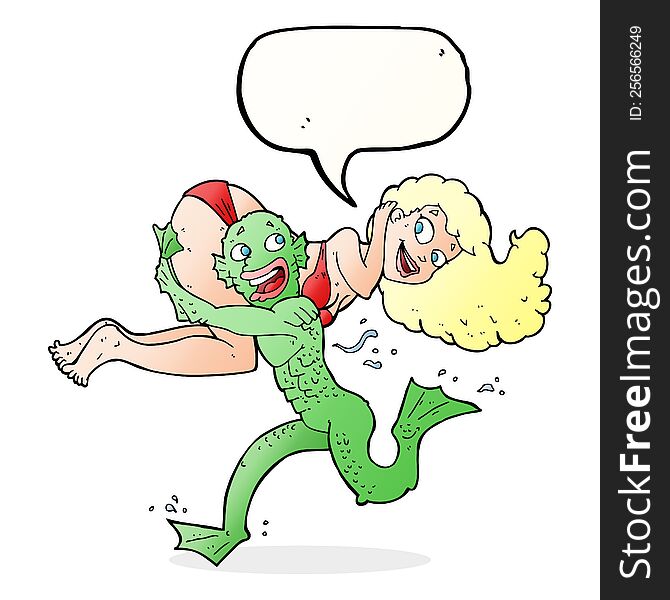 Cartoon Swamp Monster Carrying Girl In Bikini With Speech Bubble