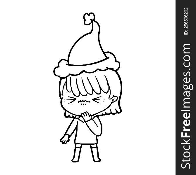 Line Drawing Of A Girl Regretting A Mistake Wearing Santa Hat