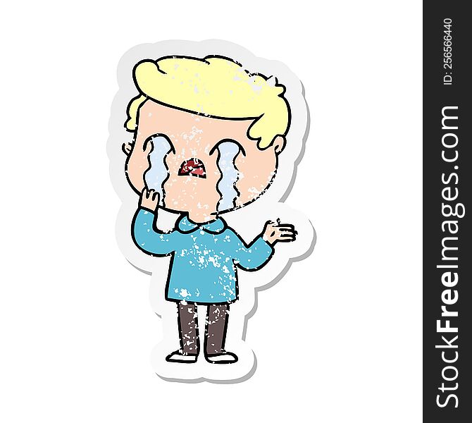 Distressed Sticker Of A Cartoon Man Crying