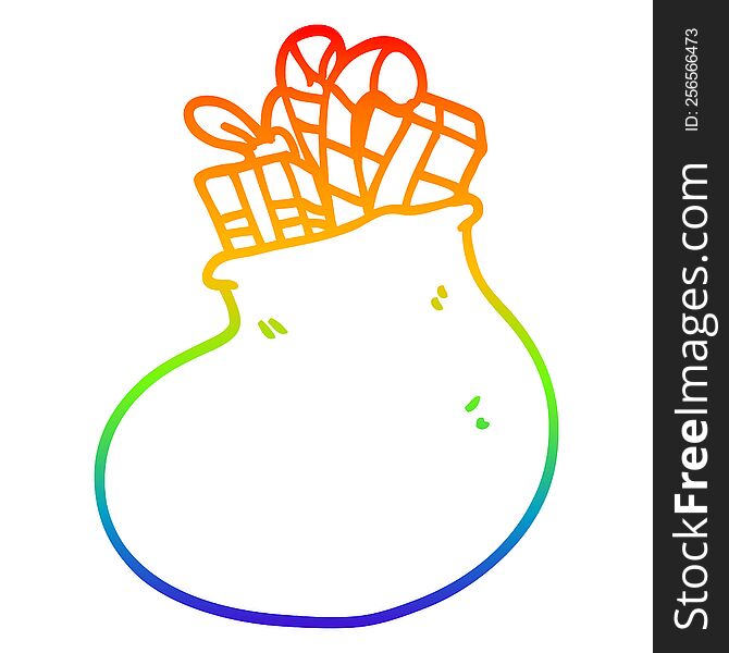 rainbow gradient line drawing of a cartoon bag of christmas presents