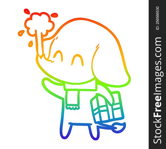 rainbow gradient line drawing of a cute cartoon elephant spouting water