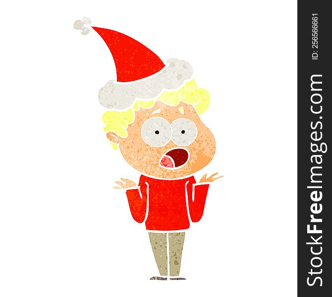 hand drawn retro cartoon of a man gasping in surprise wearing santa hat