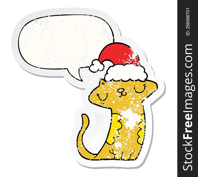 Cute Cartoon Cat Wearing Christmas Hat And Speech Bubble Distressed Sticker