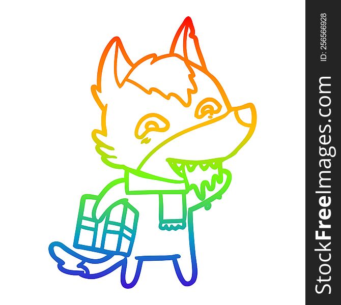 rainbow gradient line drawing of a cartoon hungry wolf holding christmas present