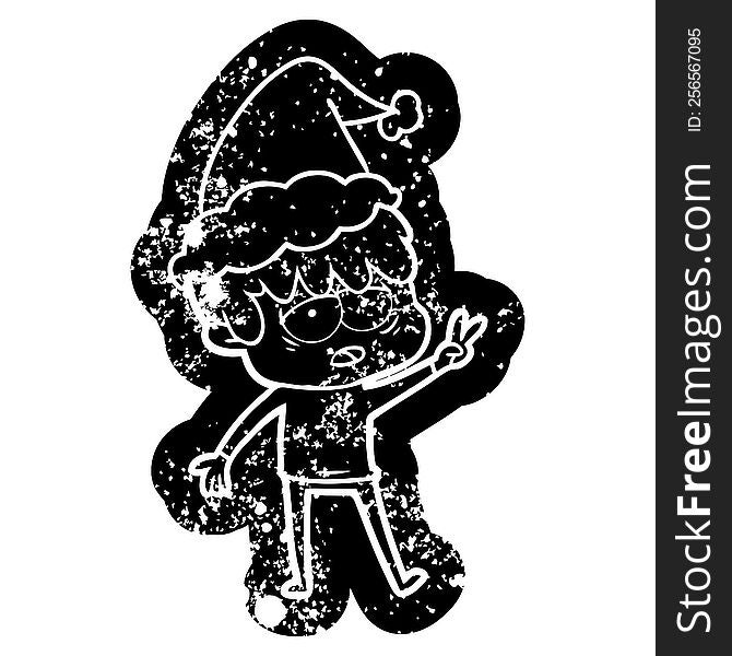 quirky cartoon distressed icon of a exhausted boy wearing santa hat