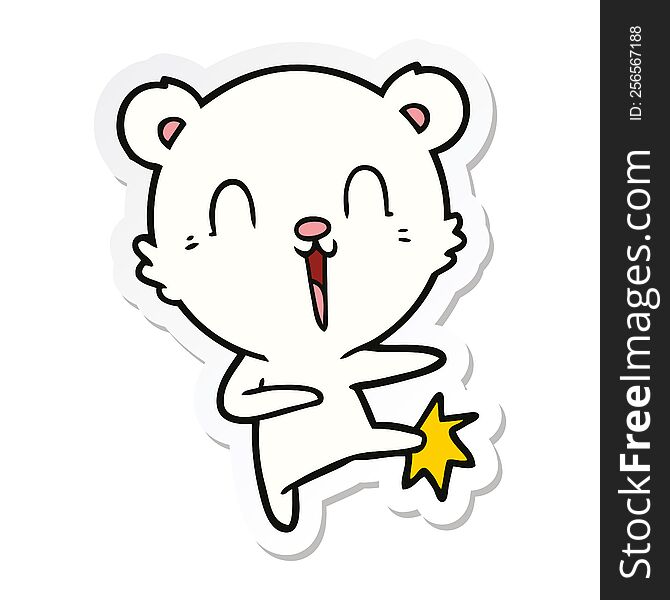 sticker of a happy cartoon polar bear kicking