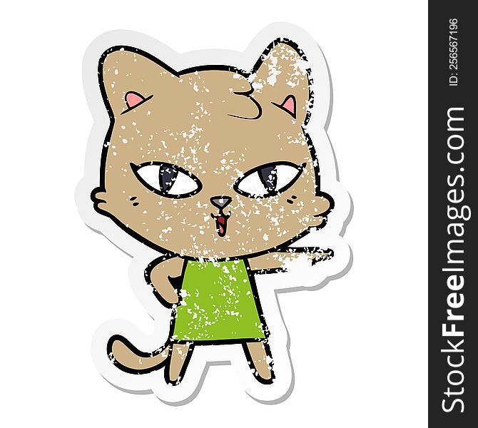 Distressed Sticker Of A Cartoon Cat In Dress Pointing