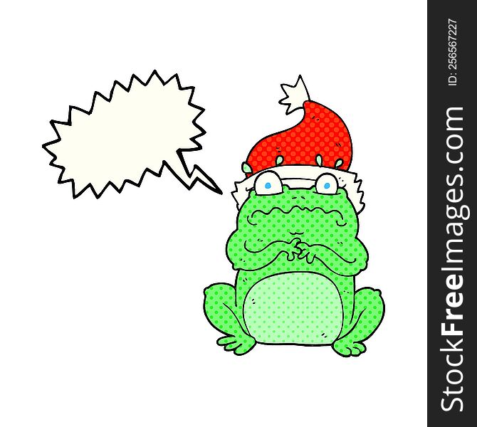 freehand drawn comic book speech bubble cartoon frog in christmas hat