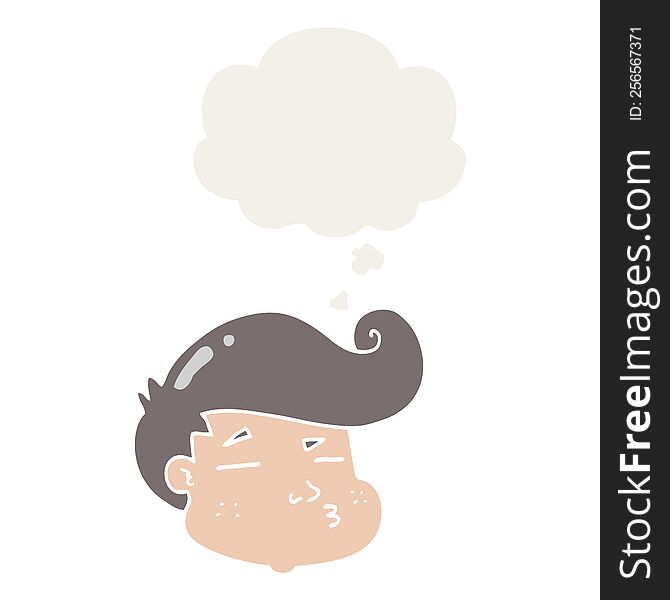 cartoon boy\'s face with thought bubble in retro style