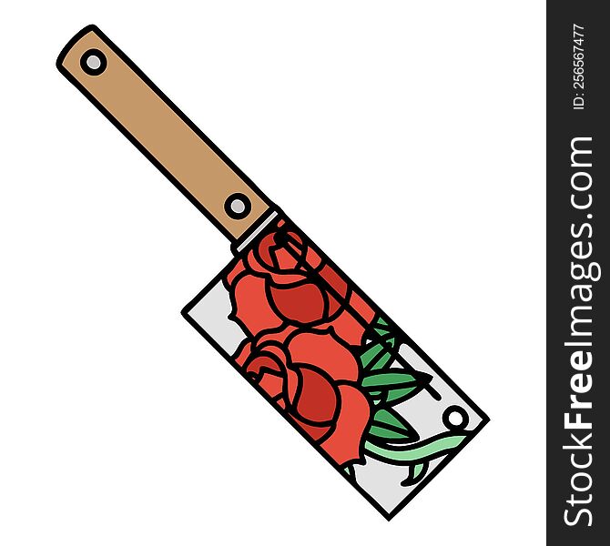 tattoo in traditional style of a cleaver and flowers. tattoo in traditional style of a cleaver and flowers