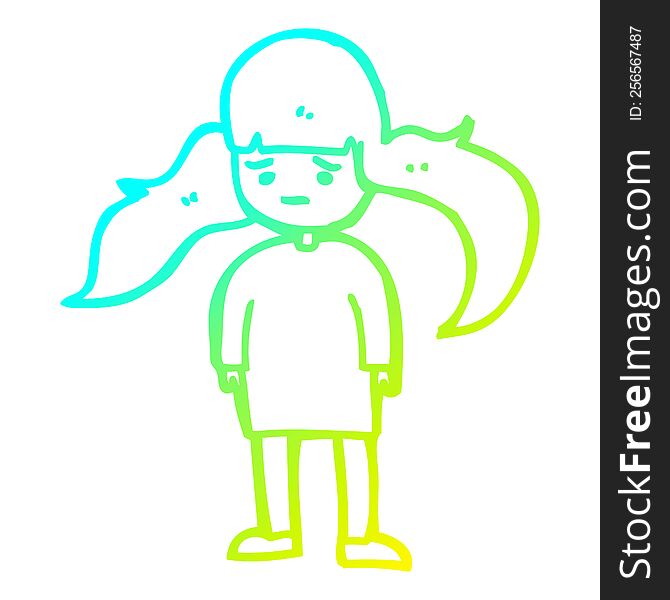 cold gradient line drawing of a cartoon girl with long hair