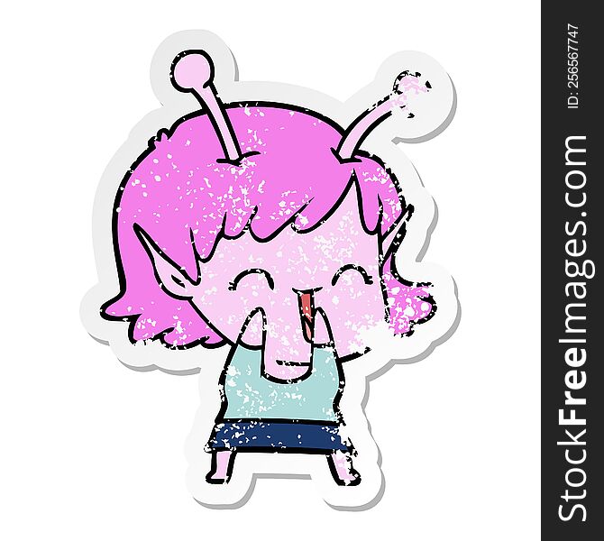 Distressed Sticker Of A Cartoon Alien Girl Laughing