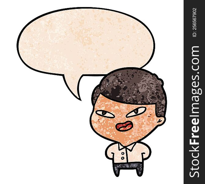 cartoon happy businessman with speech bubble in retro texture style