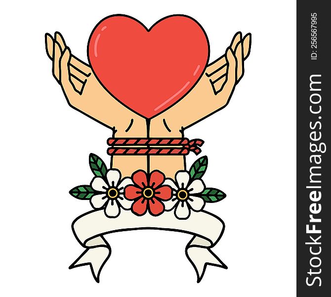 Tattoo With Banner Of Tied Hands And A Heart