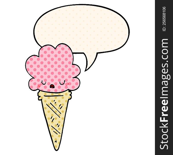 Cartoon Ice Cream And Face And Speech Bubble In Comic Book Style
