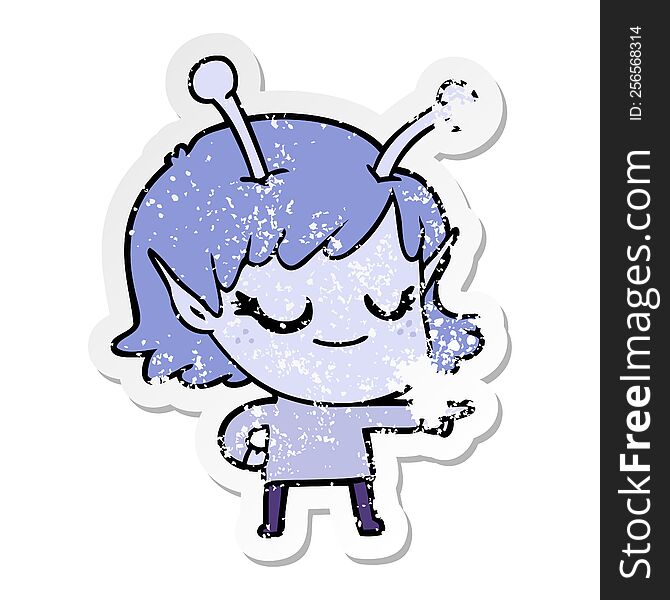 Distressed Sticker Of A Smiling Alien Girl Cartoon